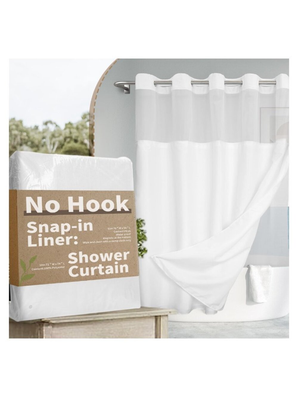 Slub Textured No Hook Shower Curtain with Snap-in Liner Set 71x74